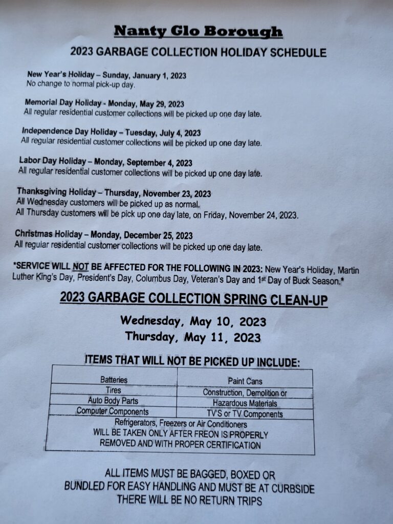 2023 Garbage Collection-Holiday and Spring Clean-Up Schedule-Nanty Glo  Borough – Nanty Glo Borough